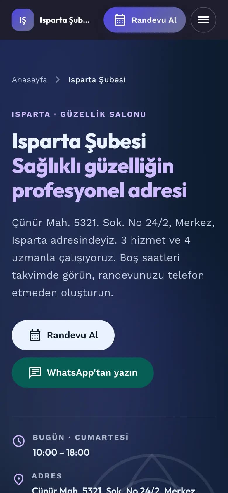 Planlio ile açılan işletme randevu sayfasının telefondaki üst bölümü: işletme adı, tanıtım başlığı, Randevu Al ve WhatsApp düğmeleri, bugünün çalışma saati ve adres.