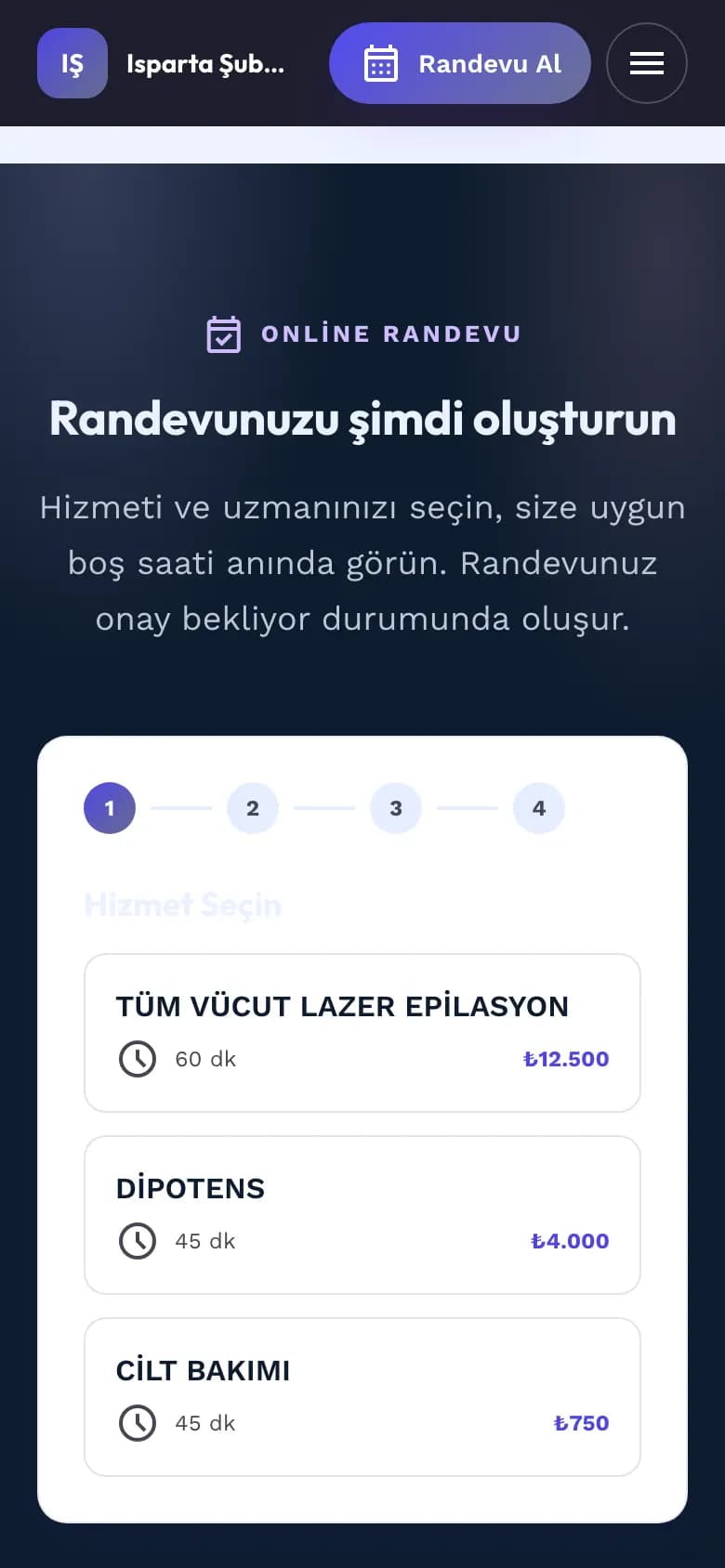 İşletme sayfasındaki online randevu sihirbazının telefondaki ilk adımı: dört adımlı ilerleme göstergesi ve süresi ile fiyatı yazan hizmet kartları listesi.